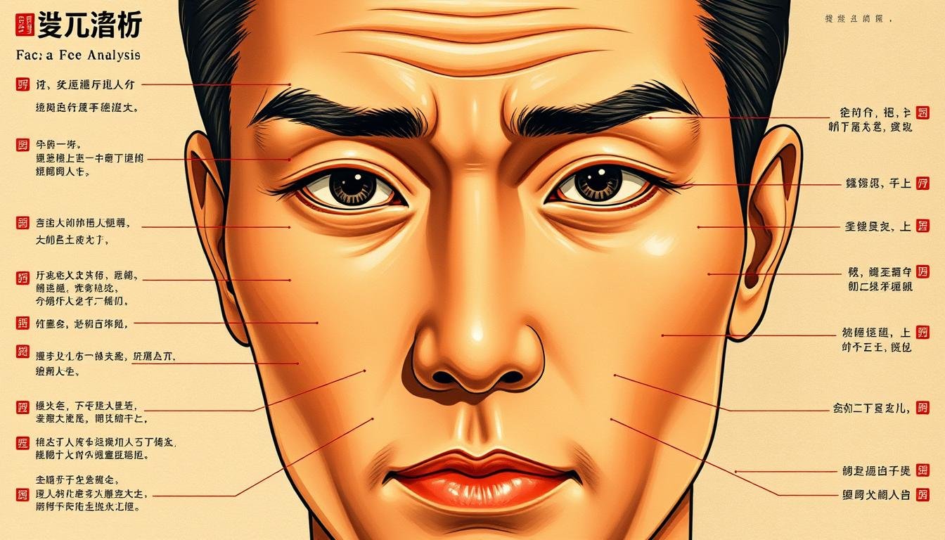 A detailed, high-resolution facial analysis diagram showcasing the key features and their interpretations in traditional Chinese face reading (面相). The image should depict a male face in a realistic, detailed style, with clear delineation of the forehead, eyes, nose, cheeks, mouth, and chin. The face should be rendered in warm, natural lighting, capturing the inherent nuances and contours that reveal insights into personality, career, and destiny. The overall composition should convey a sense of scientific study, with a serious, analytical tone that aligns with the article's subject matter and section title. A detailed, high-resolution facial analysis diagram showcasing the key features and their interpretations in traditional Chinese face reading (面相). The image should depict a male face in a realistic, detailed style, with clear delineation of the forehead, eyes, nose, cheeks, mouth, and chin. The face should be rendered in warm, natural lighting, capturing the inherent nuances and contours that reveal insights into personality, career, and destiny. The overall composition should convey a sense of scientific study, with a serious, analytical tone that aligns with the article's subject matter and section title.