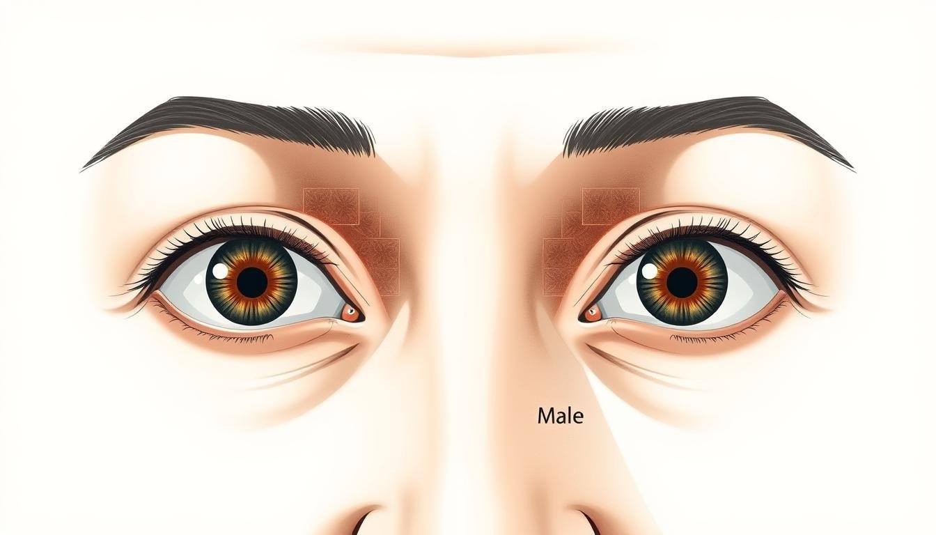 A detailed, high-resolution illustration of a comparative analysis of male and female eye physiognomy. The foreground features a pair of human eyes, one male and one female, with distinct structures and expressions. The middle ground showcases a side-by-side visual comparison, highlighting the subtle yet significant differences in eye shape, size, eyelid positioning, and overall facial features. The background is a soft, neutral tone that allows the eye analysis to be the central focus. The lighting is natural and evenly distributed, creating a sense of depth and clarity. The overall mood is pensive and analytical, inviting the viewer to closely examine the nuances of this traditional Chinese face reading practice.