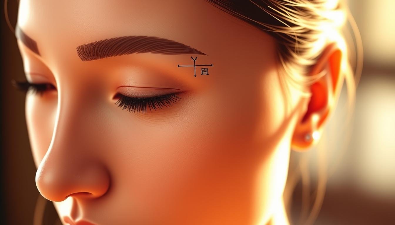 A detailed, high-resolution illustration of the "Yintang" acupuncture point on a serene, ethereal face. The Yintang, situated between the eyebrows, is highlighted with soft, warm lighting, casting gentle shadows that accentuate its contours. The face appears tranquil, with a contemplative gaze, conveying the introspective nature of this meridian point and its connection to cardiovascular, respiratory, and stress-related health risks. The background is subtly blurred, placing the focus squarely on the Yintang and its significance in traditional Chinese medicine and physiognomy. The overall mood is one of contemplation and holistic wellness.
