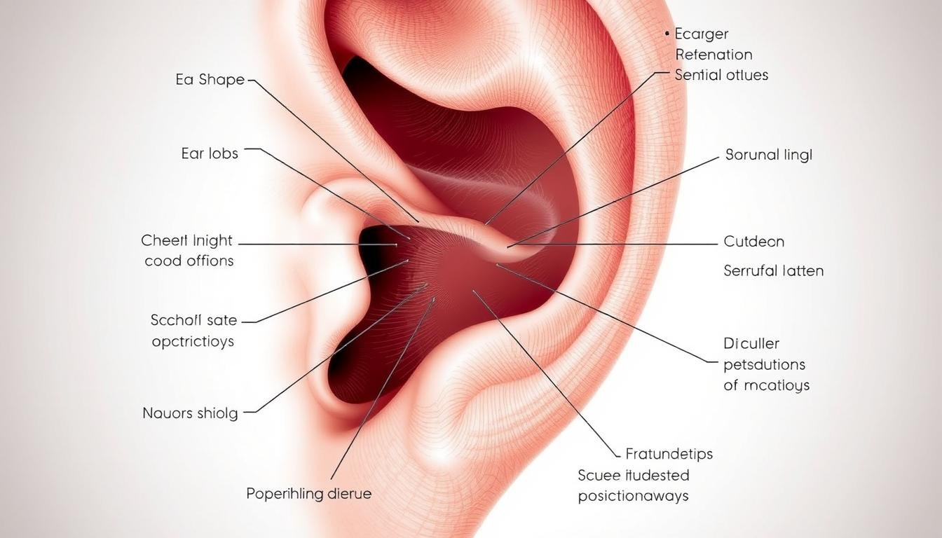 A detailed, high-resolution illustration of the core parameters of ear lobe physiognomy. The image depicts a closeup view of an ear lobe, showcasing its intricate structural elements and key analysis points, including the shape, texture, size, and positioning of the lobe. The lighting is soft and diffused, emphasizing the delicate features. The composition places the ear lobe prominently in the center, with a neutral, clean background allowing the subject to be the sole focus. The overall mood is one of scientific investigation and anatomical study, inviting the viewer to closely examine the nuances of this ancient divination practice. A detailed, high-resolution illustration of the core parameters of ear lobe physiognomy. The image depicts a closeup view of an ear lobe, showcasing its intricate structural elements and key analysis points, including the shape, texture, size, and positioning of the lobe. The lighting is soft and diffused, emphasizing the delicate features. The composition places the ear lobe prominently in the center, with a neutral, clean background allowing the subject to be the sole focus. The overall mood is one of scientific investigation and anatomical study, inviting the viewer to closely examine the nuances of this ancient divination practice.