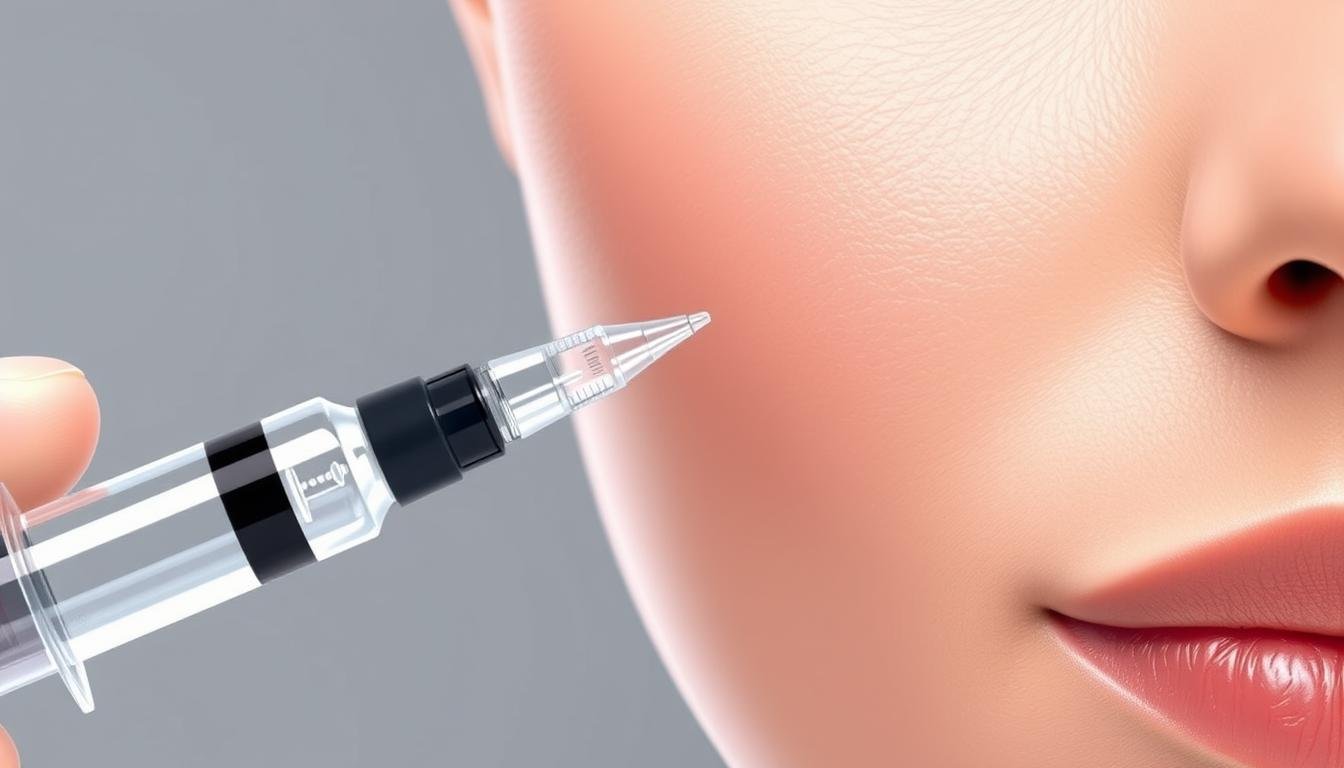 A detailed, high-resolution illustration of the hyaluronic acid injection process. A close-up view of a sterile syringe filled with clear hyaluronic acid solution, poised above the side of a youthful, soft-skinned face. The skin appears smooth and radiant, ready to receive the rejuvenating injection. The image conveys a sense of precision, professionalism, and the transformative potential of this cosmetic treatment. Subtle lighting accentuates the skin's natural contours, while a muted, clinical background emphasizes the procedure's medical nature. The overall mood is one of care, expertise, and the promise of enhanced facial aesthetics.