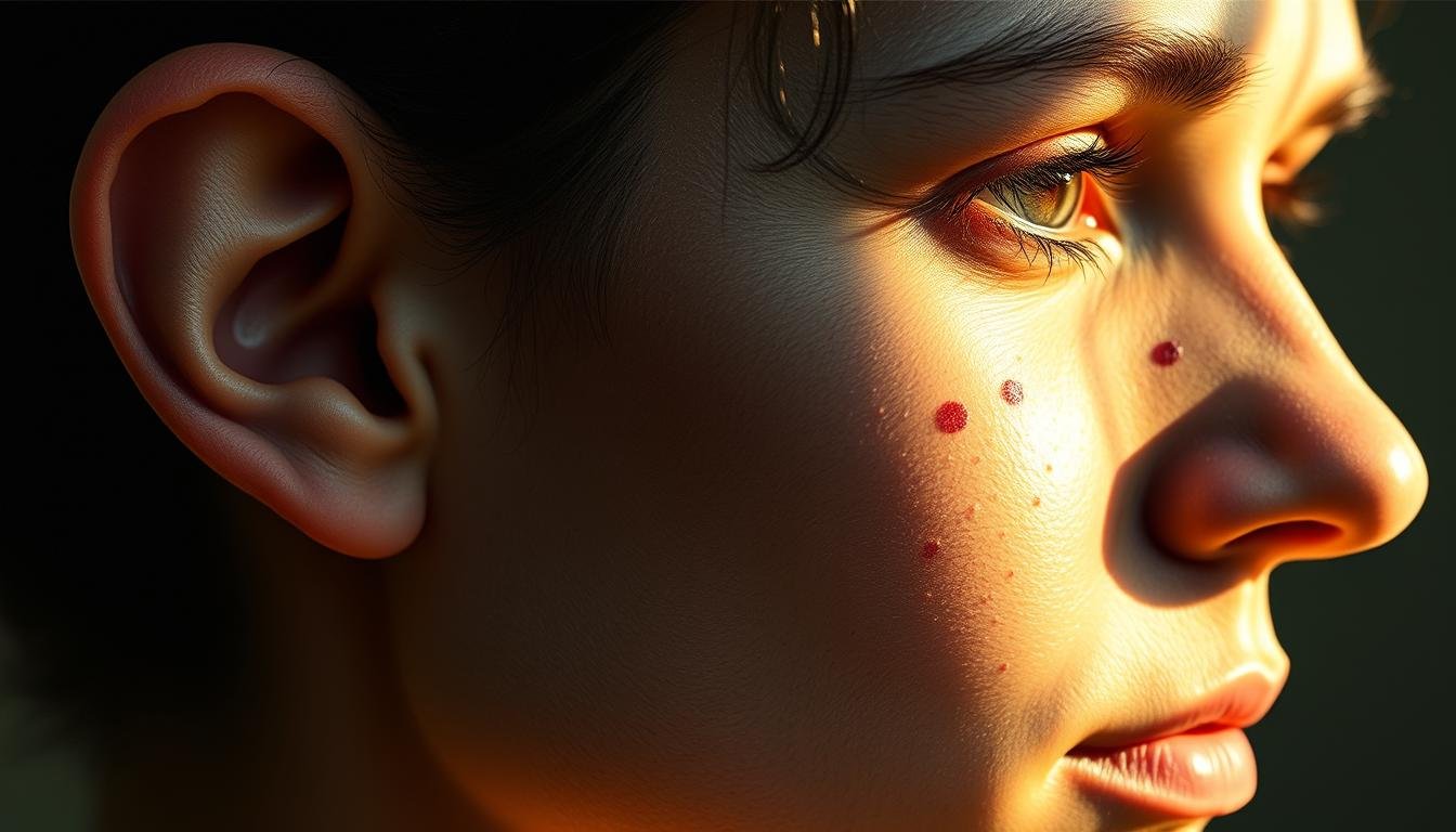 A detailed, high-resolution illustration of the intricate relationships between moles and hidden areas of the face and ears. Soft, natural lighting illuminates the subject's features, allowing the viewer to closely examine the subtle contours and patterns of the skin. The composition emphasizes the hidden or overlooked aspects of physiognomy, inviting the viewer to uncover the hidden meanings and insights contained within. The overall atmosphere is one of contemplation and discovery, capturing the essence of the section title "耳部與隱藏部位痣相: 暗藏玄機的命運密碼".