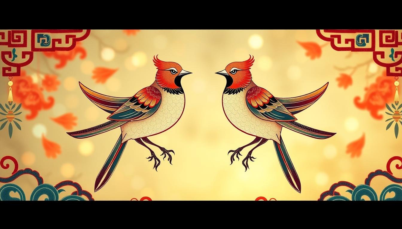A detailed, high-resolution image depicting a pair of elegantly stylized birds, known as "Double Sparrows", set against a vibrant, harmonious background. The birds, rendered in a classic East Asian artistic style, symbolize auspiciousness, prosperity, and good fortune. The composition features intricate, ornate patterns and textures, with a focus on traditional motifs and colors associated with Chinese cultural heritage. The lighting is soft and diffused, creating a serene, contemplative atmosphere, accentuating the spiritual and symbolic significance of the "Double Sparrows" motif. The overall visual impression conveys a sense of harmony, balance, and timeless cultural significance.