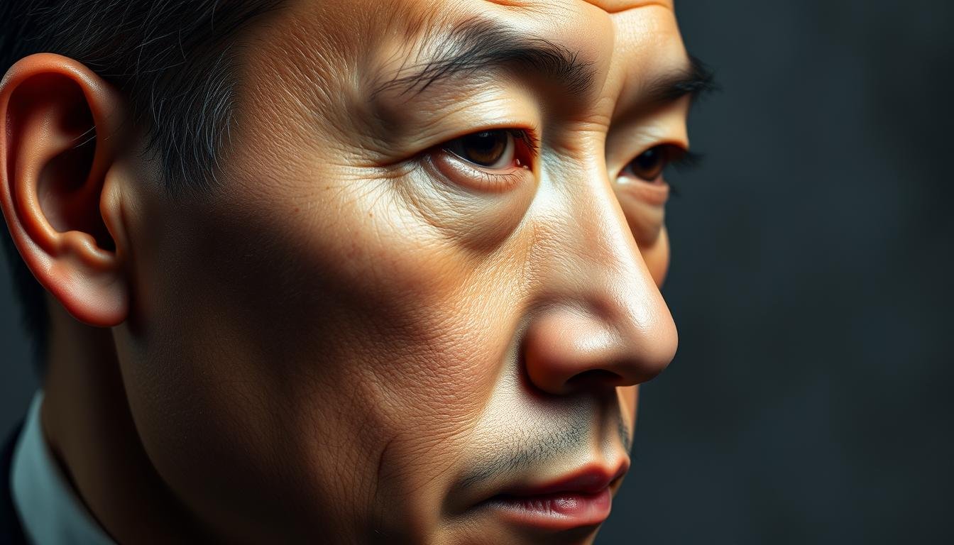 A detailed, high-resolution image depicting the facial features and physiognomy of a man, intended to illustrate an analysis of his financial and career prospects according to traditional Chinese face reading techniques. The subject's face is shown in sharp focus, with natural skin tones and realistic textures. The background is blurred and muted, placing the emphasis on the face. Subtle lighting from the left side casts dramatic shadows and highlights the facial structure. The overall mood is serious and contemplative, befitting the analytical nature of the subject matter. A detailed, high-resolution image depicting the facial features and physiognomy of a man, intended to illustrate an analysis of his financial and career prospects according to traditional Chinese face reading techniques. The subject's face is shown in sharp focus, with natural skin tones and realistic textures. The background is blurred and muted, placing the emphasis on the face. Subtle lighting from the left side casts dramatic shadows and highlights the facial structure. The overall mood is serious and contemplative, befitting the analytical nature of the subject matter.