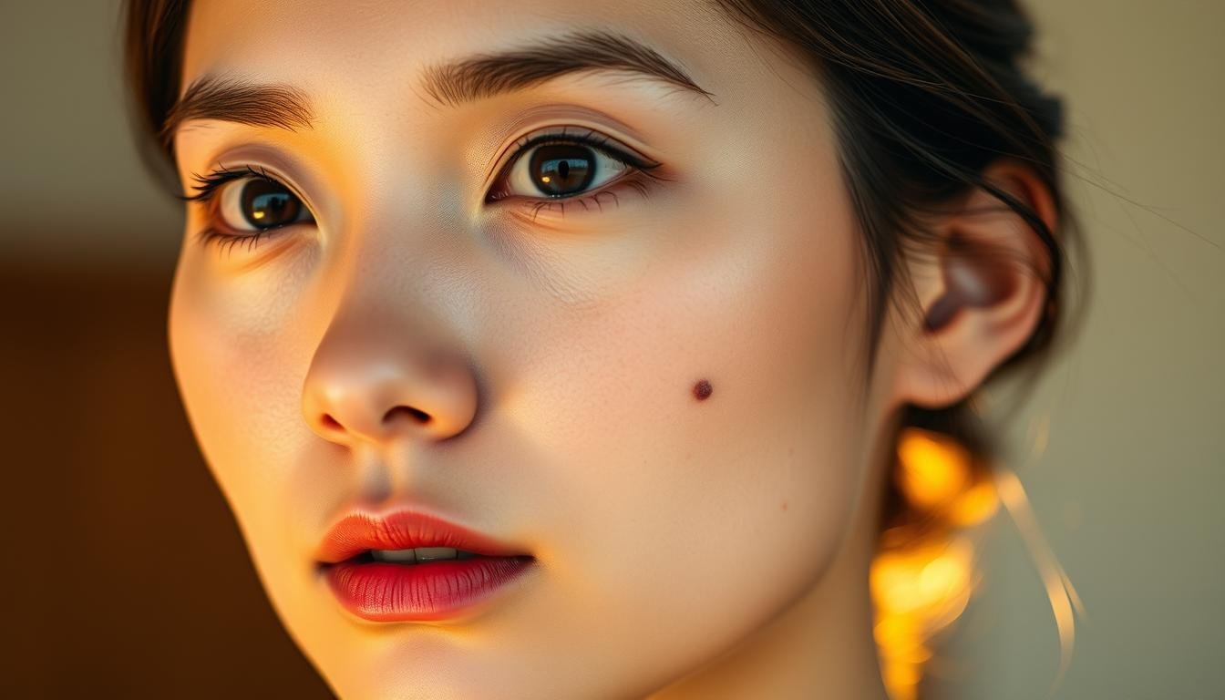 A detailed, high-resolution image of a woman's face, featuring a prominent mole or birthmark on the right cheek, just below the eye. The lighting is soft and flattering, with a warm, golden hue that enhances the natural tones of the skin. The composition is centered, with the face filling the frame, and the mole positioned at a visually striking angle. The background is slightly blurred, creating a sense of depth and focus on the facial features. The overall mood is one of contemplation and introspection, capturing the significance of the mole's placement in Chinese face reading and its potential influence on the subject's destiny.