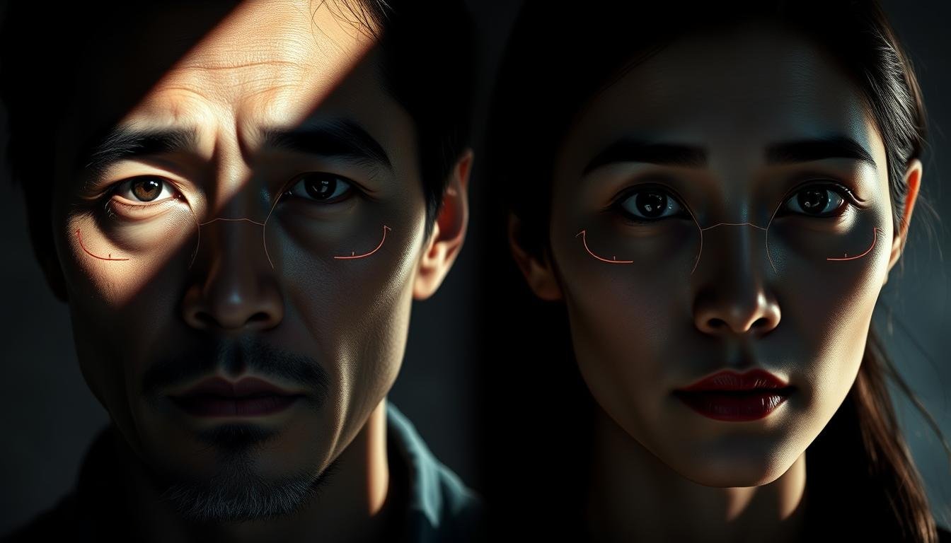 A detailed, high-resolution image of the facial features and physical characteristics that distinguish male and female "pointed chin, monkey-like" physiognomies. The image should be captured in a dramatic, chiaroscuro-style lighting that accentuates the unique contours and details of each face. Capture the image from a slight low angle to convey a sense of power and authority. The foreground should feature a side-by-side comparison of a male and female face, with the middle ground showcasing a subtle, ghostly overlay of the key distinguishing facial landmarks. The background should be a muted, atmospheric setting that does not distract from the central focus on the facial analyses. Overall, the image should convey a sense of serious, scientific study of this traditional Chinese physiognomy concept. A detailed, high-resolution image of the facial features and physical characteristics that distinguish male and female "pointed chin, monkey-like" physiognomies. The image should be captured in a dramatic, chiaroscuro-style lighting that accentuates the unique contours and details of each face. Capture the image from a slight low angle to convey a sense of power and authority. The foreground should feature a side-by-side comparison of a male and female face, with the middle ground showcasing a subtle, ghostly overlay of the key distinguishing facial landmarks. The background should be a muted, atmospheric setting that does not distract from the central focus on the facial analyses. Overall, the image should convey a sense of serious, scientific study of this traditional Chinese physiognomy concept.