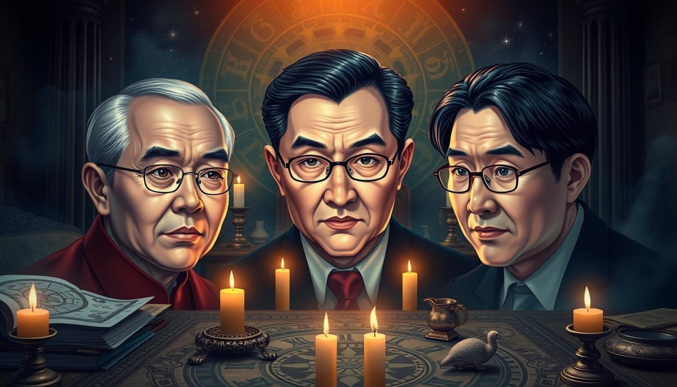 A detailed high-resolution image showcasing a comparative astrological reading of the zodiac signs and fortunes of three prominent Taiwanese politicians: Lu Hsiu-yen, Chiang Wan-an, and Huang Kuo-chang. The scene is set in a dimly lit mystical study, with an ornate table covered in astrology charts, runes, and candles casting a warm glow. In the foreground, the faces of the three politicians are delicately rendered, their features and expressions conveying their unique personalities and destinies. The background features a starry night sky, symbolic of the cosmic forces shaping their lives. The overall mood is one of intrigue, with the viewer drawn into the esoteric realm of physiognomy and its profound insights into the nature of political power and leadership.