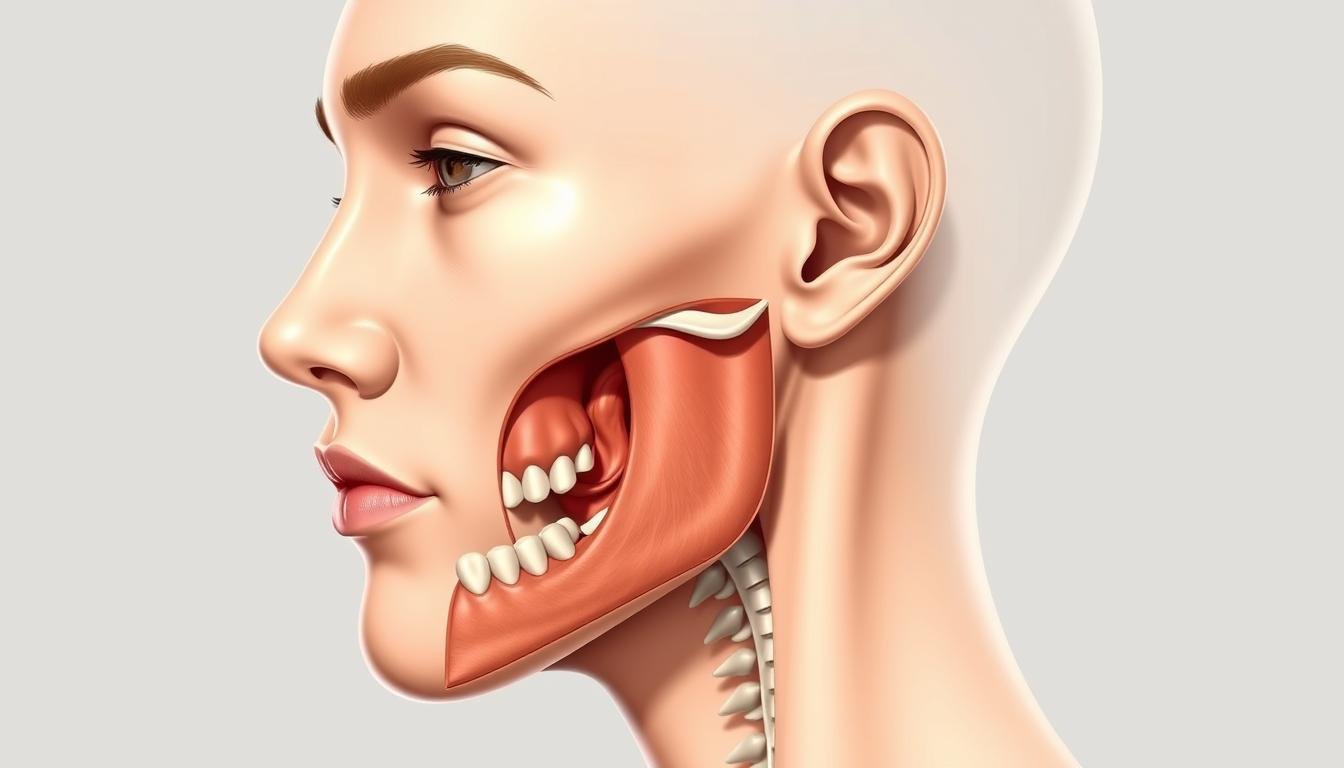 A detailed, high-resolution medical illustration showcasing the characteristics of "下顎前突" (prognathism). The image should depict a profile view of a human face, with a prominent, jutting lower jaw that protrudes past the upper jaw. Rendered in a clean, clinical style with accurate anatomical details, such as the distinctive facial features, bone structure, and musculature associated with this condition. The lighting should be soft and directional, creating subtle shadows that accentuate the facial contours. The background should be plain and neutral, allowing the subject to be the sole focus of the image. A detailed, high-resolution medical illustration showcasing the characteristics of "下顎前突" (prognathism). The image should depict a profile view of a human face, with a prominent, jutting lower jaw that protrudes past the upper jaw. Rendered in a clean, clinical style with accurate anatomical details, such as the distinctive facial features, bone structure, and musculature associated with this condition. The lighting should be soft and directional, creating subtle shadows that accentuate the facial contours. The background should be plain and neutral, allowing the subject to be the sole focus of the image.