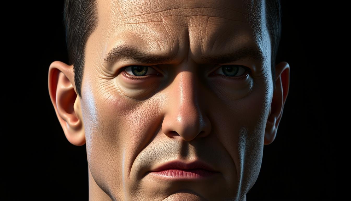 A detailed, high-resolution portrait of a human face with prominent facial features and distinct contours. The subject should have well-defined cheekbones, a strong jawline, and a distinct nose structure. Lighting should be directional, casting dramatic shadows to accentuate the facial contours. The background should be simple and minimalist, allowing the subject's features to be the focal point. The overall mood should be contemplative and insightful, conveying the idea of understanding one's character and destiny through studying the face. Realistic and lifelike rendering, with a high level of detail and realism.