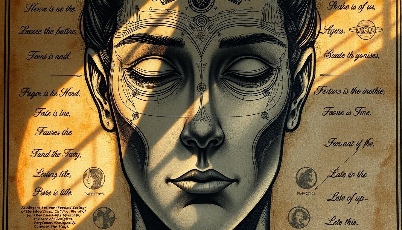 A detailed illustrated guide to physiognomy, depicting the intricate patterns and shapes of facial features that reveal one's fortune and destiny. Dramatic shadows and highlights cast across the contours of a serene, enigmatic face, revealing the hidden meanings and insights of this ancient art. The composition evokes a sense of mysticism and contemplation, inviting the viewer to explore the profound depths of this esoteric practice. Rendered with a painterly, textured aesthetic that captures the timeless allure of this arcane knowledge.