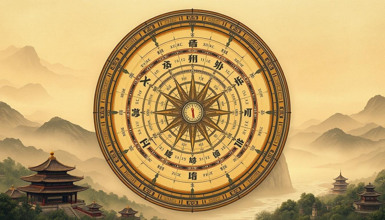 A detailed illustration depicting the relationship between traditional physiognomy and modern fortune-telling. The central focus is a large, ornate compass-like diagram, with intricate symbols and patterns representing the connections between facial features and life outcomes. The background features a harmonious blend of classic Chinese landscape elements - rolling hills, pagodas, and a tranquil river. Soft, warm lighting casts an air of contemplation and enlightenment, complemented by a muted, earthy color palette. The overall composition conveys a sense of ancient wisdom and timeless insights into the mysteries of human destiny.