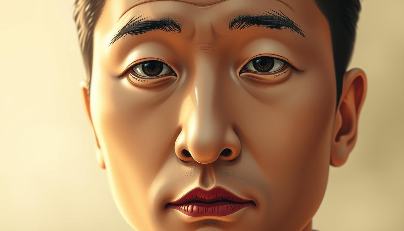 A detailed illustration of a person's face with a distinctive "garlic bulb" nose. The image showcases the face in a neutral expression, highlighting the unique nose shape and its perceived impact on financial and career fortune according to physiognomy principles. The lighting is soft and diffused, creating a warm, contemplative atmosphere. The focus is on the central facial features, with a blurred, hazy background to emphasize the subject. The image conveys a sense of introspection and the esoteric nature of facial analysis in traditional Chinese culture.