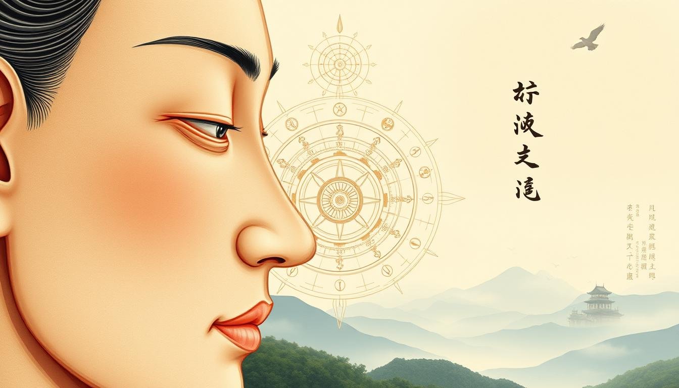 A detailed illustration of a traditional Chinese physiognomy analysis, with a serene and contemplative atmosphere. In the foreground, a close-up view of a face, showcasing the key features and structures that practitioners of physiognomy use to divine an individual's character, relationships, and destiny. In the middle ground, intricate astrological diagrams and calligraphic elements evoke the holistic approach of combining physiognomy and astrology. The background features a tranquil, ethereal landscape with soft, diffused lighting, symbolizing the deeper philosophical and spiritual aspects of this ancient art. Rendered in a refined, classical style to capture the timeless elegance of this subject matter.