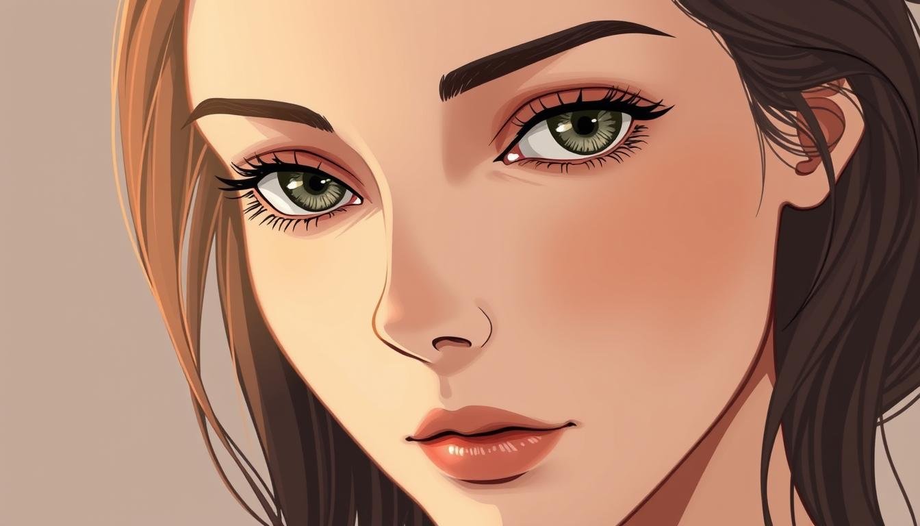 A detailed illustration of a woman's face, focusing on the key features of her triangular-shaped eyes. The subject's expression is serene and contemplative, with a slight hint of wisdom and introspection. The lighting is soft and diffused, creating a warm, intimate atmosphere. The background is muted and minimalist, allowing the viewer to focus on the nuanced details of the facial structure. The composition is balanced, with the subject positioned slightly off-center to create a sense of dynamism. The overall tone is one of quiet elegance and subtlety, capturing the essence of the "typical female facial features" that are the focus of this section.