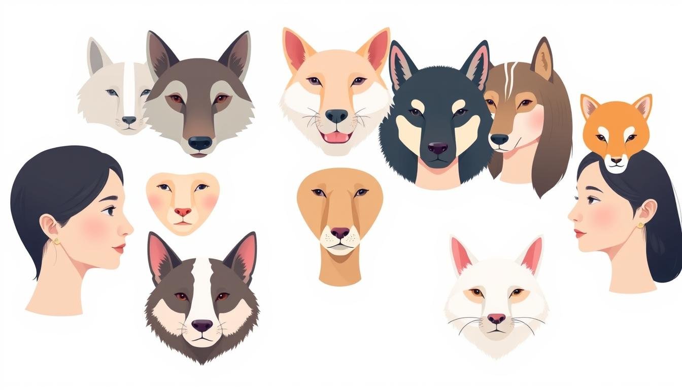 A detailed illustration of a "面相與動物臉型測驗指南", showcasing a collection of human faces alongside their corresponding animal counterparts. The image features a clean, minimalist design with a soft, muted color palette, allowing the facial features to take center stage. The faces are depicted in a three-quarter view, allowing for a clear examination of the proportions and characteristics. The animal faces are seamlessly integrated, creating a visually striking and informative comparison. The lighting is soft and evenly distributed, casting gentle shadows to accentuate the contours of the faces. The composition is well-balanced, with the faces arranged in a grid-like pattern, creating a cohesive and organized display. The overall mood is one of thoughtful introspection and self-discovery, inviting the viewer to explore the connections between human and animal physiognomy. A detailed illustration of a "面相與動物臉型測驗指南", showcasing a collection of human faces alongside their corresponding animal counterparts. The image features a clean, minimalist design with a soft, muted color palette, allowing the facial features to take center stage. The faces are depicted in a three-quarter view, allowing for a clear examination of the proportions and characteristics. The animal faces are seamlessly integrated, creating a visually striking and informative comparison. The lighting is soft and evenly distributed, casting gentle shadows to accentuate the contours of the faces. The composition is well-balanced, with the faces arranged in a grid-like pattern, creating a cohesive and organized display. The overall mood is one of thoughtful introspection and self-discovery, inviting the viewer to explore the connections between human and animal physiognomy.