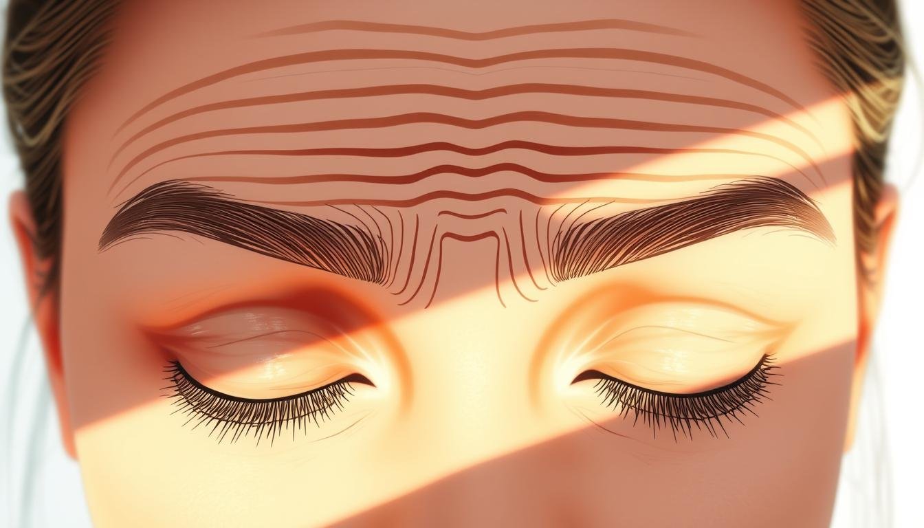 A detailed illustration of common forehead wrinkle patterns, showcasing their correlation with personality traits and life trajectories. The image should depict a close-up, high-resolution view of a serene, youthful face in soft, diffused lighting, revealing the intricate network of horizontal furrows across the brow area. Subtle shadows and highlights accentuate the texture and depth of these expressive lines, allowing viewers to discern their unique shapes, lengths, and placements. The overall mood should be one of insightful contemplation, inviting the audience to delve into the rich tapestry of face reading wisdom.