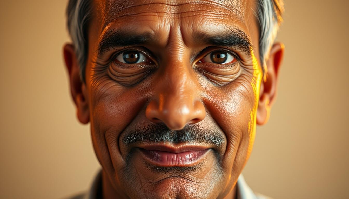 A detailed illustration of four distinct types of dimples, showcasing their unique positions and associated personality traits. A middle-aged Indian man's face, lit by warm, diffused light, reveals the subtle indentations on his cheeks. The foreground focuses on the dimples, captured in realistic detail, while the background blurs into a serene, neutral setting, allowing the facial features to take center stage. The composition emphasizes the significance of these enigmatic facial structures in the ancient art of physiognomy, inviting the viewer to discover the insights they offer into an individual's character and disposition.