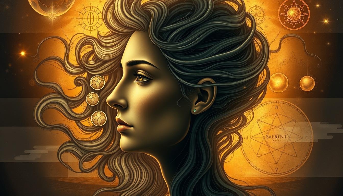 A detailed illustration of the "Three Stops Theory" of face reading. In the foreground, a central face profile emerges from a swirling, ethereal composition of abstract facial features and lines. The middle ground features symbolic icons and diagrams representing the three key life stages - youth, maturity, and old age. The background has a mystical, astrological feel, with celestial orbs and mystic symbols. The lighting is dramatic, with a warm, golden glow illuminating the central face. The overall mood is one of deep insight, ancient wisdom, and the profound connection between our outer appearances and inner lives.