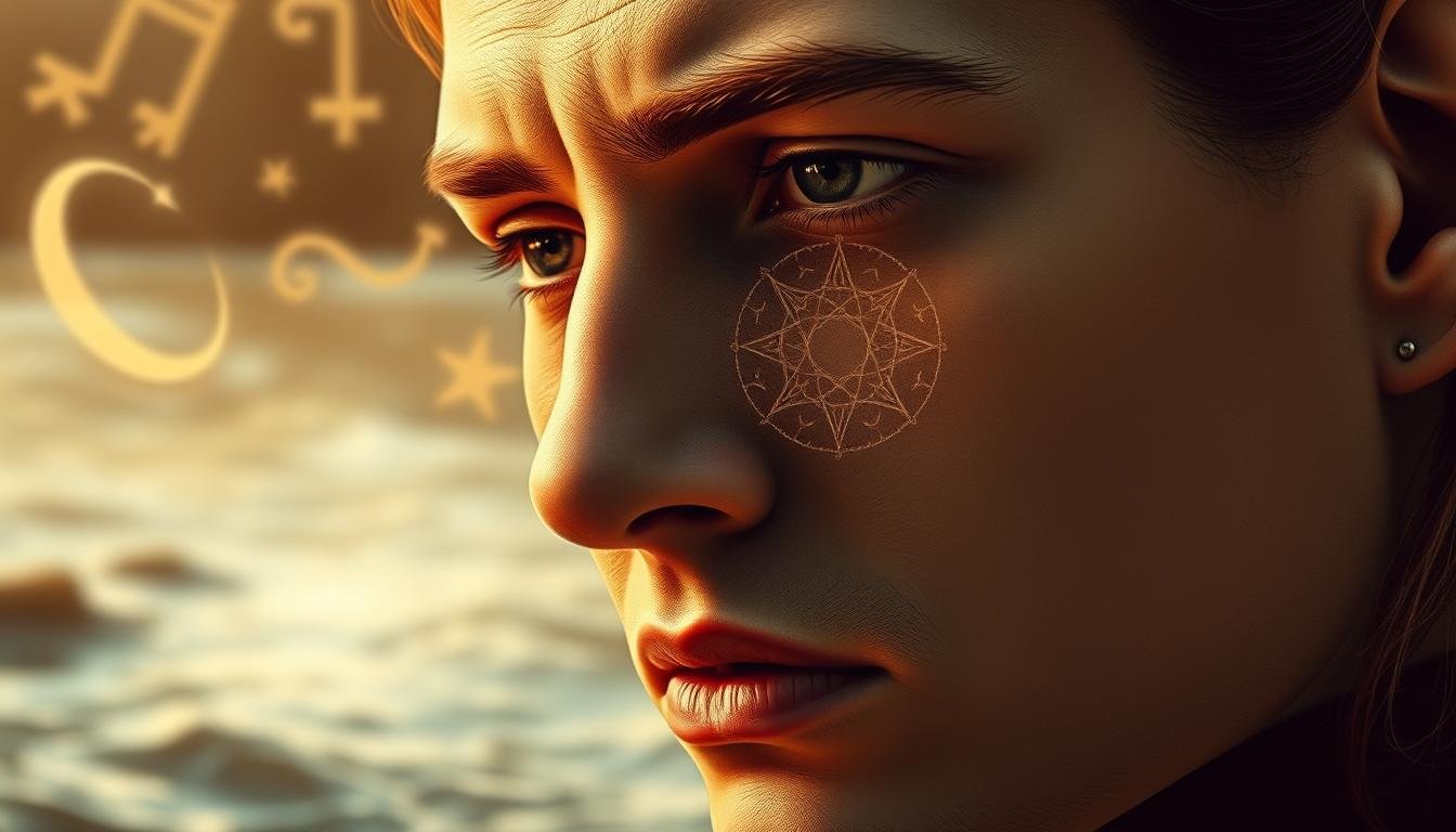A detailed illustration of the deep relationship between facial features and personality traits. In the foreground, a serene close-up of a thoughtful human face, with prominent cheekbones, well-defined jawline, and slightly furrowed brow, conveying a sense of introspection and wisdom. In the middle ground, overlaying the face, a series of intricate, ancient-looking calligraphic symbols and arcane divination patterns, representing the interconnected systems of physiognomy and astrology. In the background, a softly blurred, atmospheric setting evoking a timeless, mystical ambiance, with subtle hints of flowing water and wispy clouds. The lighting is warm and subtly directional, highlighting the nuanced textures and contours of the face. The overall mood is one of deep contemplation and the exploration of the profound insights that can be gleaned from the study of facial features and their relationship to personality and destiny.