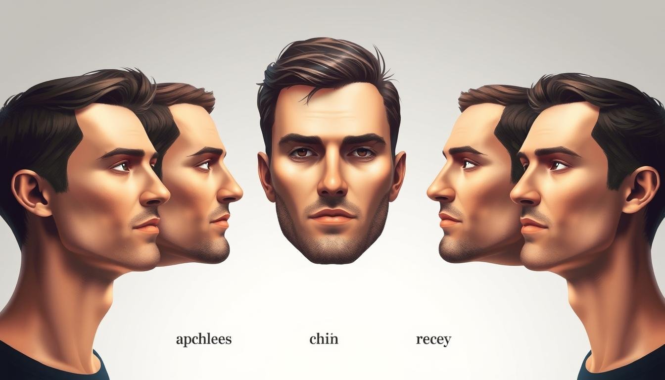 A detailed illustration of the different chin types and their corresponding personalities. A well-lit, high-resolution image showcasing five distinct male profiles, each with a unique chin shape. The foreground prominently features the diverse chin structures - square, round, pointed, cleft, and receding. In the middle ground, subtle visual cues suggest the personality traits associated with each chin type - confidence, warmth, ambition, sensitivity, and introspection. The background maintains a neutral, minimalist tone, allowing the facial features to take center stage. Rendered with a realistic, cinematic style that captures the nuances of physiognomy and character. A detailed illustration of the different chin types and their corresponding personalities. A well-lit, high-resolution image showcasing five distinct male profiles, each with a unique chin shape. The foreground prominently features the diverse chin structures - square, round, pointed, cleft, and receding. In the middle ground, subtle visual cues suggest the personality traits associated with each chin type - confidence, warmth, ambition, sensitivity, and introspection. The background maintains a neutral, minimalist tone, allowing the facial features to take center stage. Rendered with a realistic, cinematic style that captures the nuances of physiognomy and character.