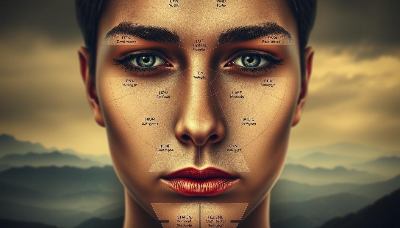 A detailed illustration of the five key facial features and their analysis for divination. The foreground depicts a close-up of a serene, contemplative face with prominent nose, eyebrows, eyes, mouth, and chin in sharp focus. The middle ground shows a diagrammatic overlay highlighting the key facial elements and their corresponding meanings. The background features a muted, atmospheric landscape with a soft, natural lighting evoking a sense of introspection and ancient wisdom. The overall composition conveys a sense of precision, depth of knowledge, and timeless mysticism surrounding the ancient art of physiognomy.