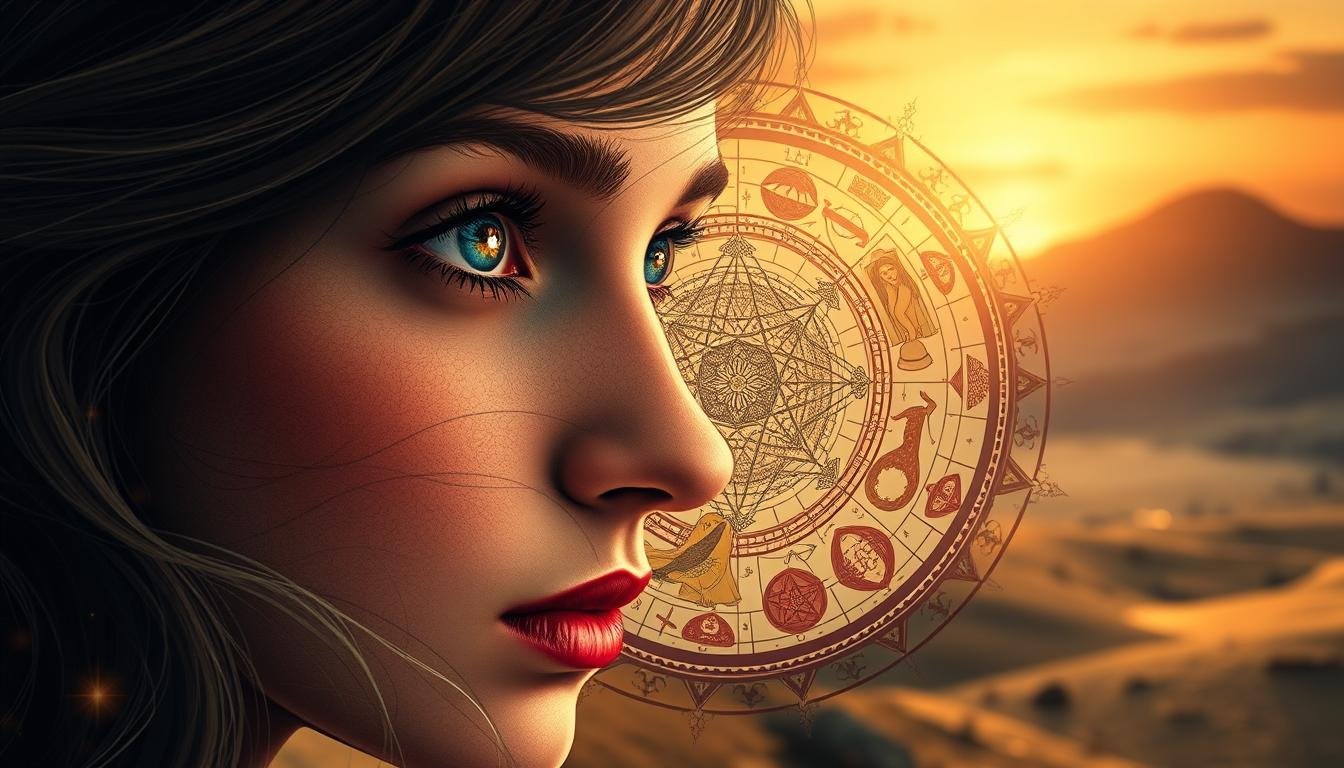 A detailed illustration of the intricate relationship between physiognomy and love life. In the foreground, a delicate, semi-transparent portrait of a young woman, her eyes reflecting the mysteries of the universe. In the middle ground, a celestial mandala of astrological symbols, tarot cards, and mystical sigils, hinting at the hidden forces guiding her romantic destiny. The background is a softly-lit, ethereal landscape, evoking the otherworldly nature of physiognomy and its power to unveil the secrets of the heart. Lighting is warm and atmospheric, with a touch of dramatic chiaroscuro. The overall mood is introspective, contemplative, and infused with a sense of profound, mystical knowledge.