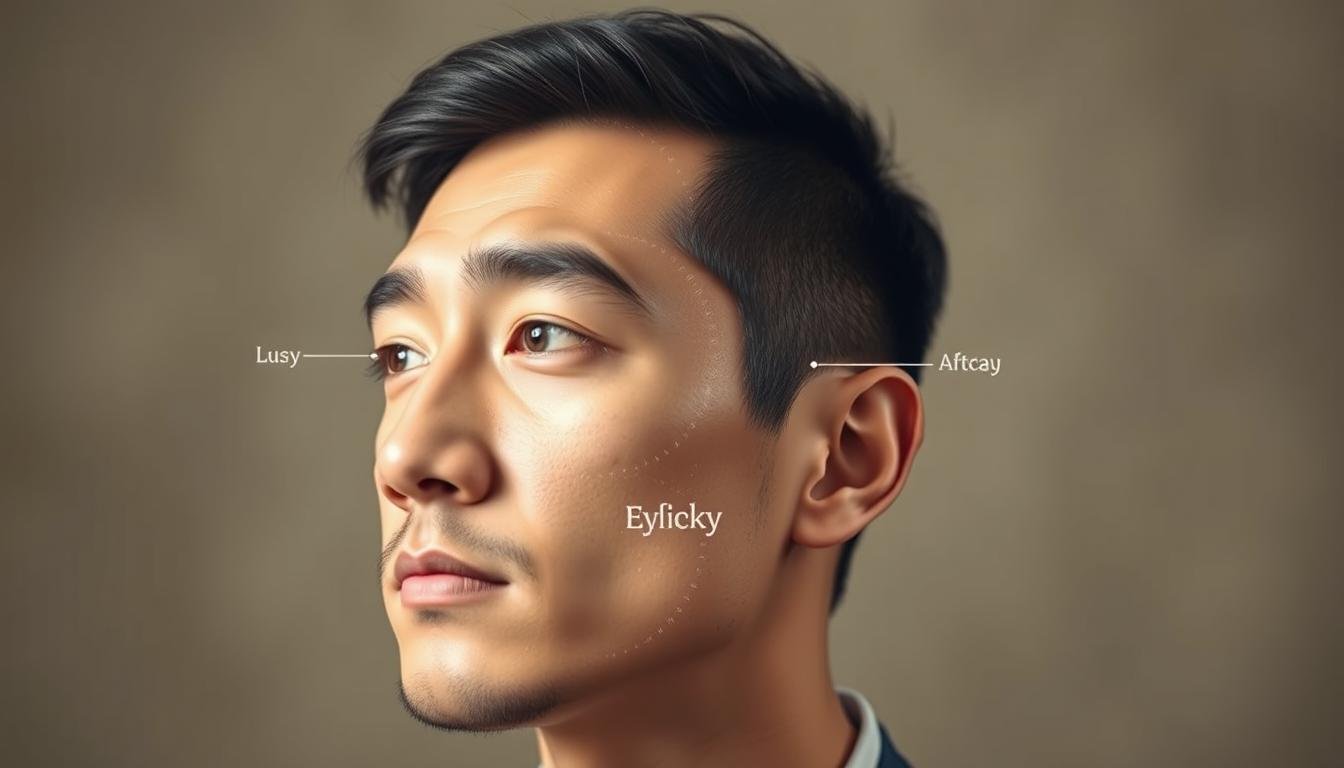 A detailed illustration of the key features and characteristics that distinguish auspicious and inauspicious eyebrows. Centered in the frame, a serene yet thoughtful male face in profile, his eyebrows the focal point. Soft, diffused lighting casts gentle shadows, highlighting the brow's shape, thickness, and positioning. The left brow, well-arched and symmetrical, represents an auspicious, or "lucky" eyebrow. In contrast, the right brow appears thinner, uneven, and slightly downturned, embodying an inauspicious, or "unlucky" eyebrow. The background blurs into a muted, natural palette, drawing the viewer's attention solely to this essential facial feature and its divination. A detailed illustration of the key features and characteristics that distinguish auspicious and inauspicious eyebrows. Centered in the frame, a serene yet thoughtful male face in profile, his eyebrows the focal point. Soft, diffused lighting casts gentle shadows, highlighting the brow's shape, thickness, and positioning. The left brow, well-arched and symmetrical, represents an auspicious, or "lucky" eyebrow. In contrast, the right brow appears thinner, uneven, and slightly downturned, embodying an inauspicious, or "unlucky" eyebrow. The background blurs into a muted, natural palette, drawing the viewer's attention solely to this essential facial feature and its divination.
