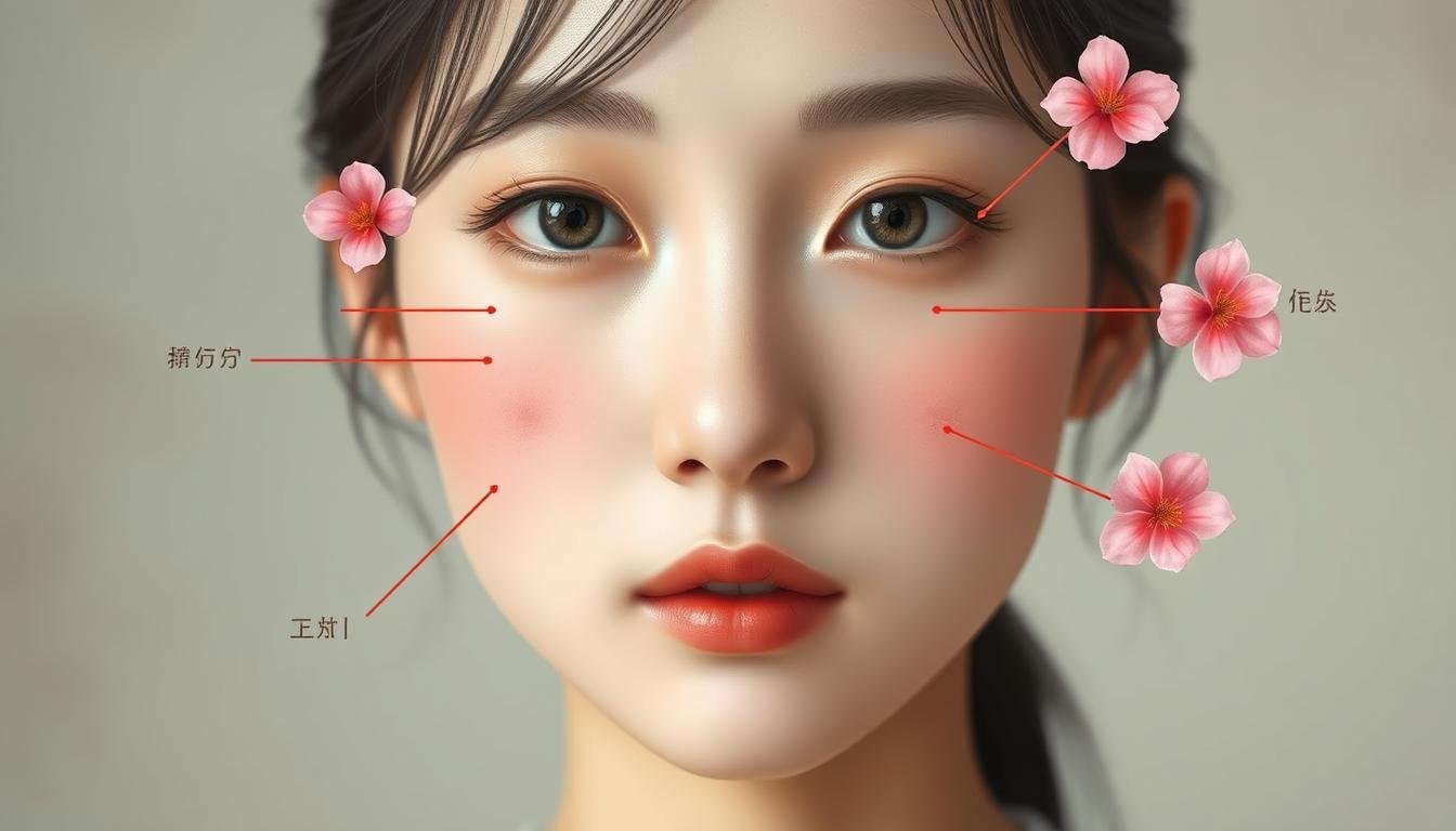 A detailed illustration of the location and significance of the peach blossom mole in facial analysis. A youthful female face in soft, diffused lighting, captured at a flattering 45-degree angle. The focus is on the specific areas around the eyes, nose, and cheeks where peach blossom moles may appear, highlighting their symbolic meaning in traditional Chinese face reading. The image exudes an air of mysticism and introspection, inviting the viewer to ponder the hidden depths of this ancient physiognomic practice. Rendered in a delicate, painterly style that captures the ephemeral nature of the subject matter.