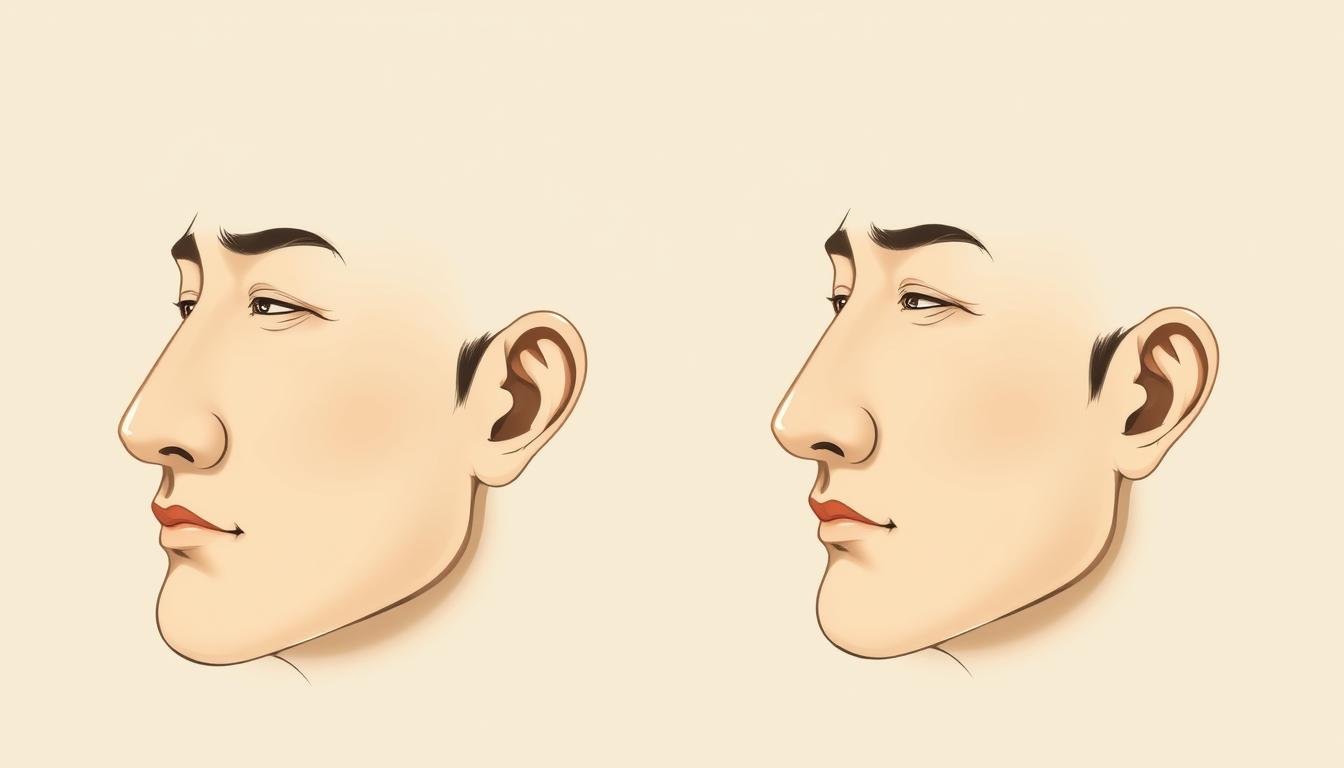 A detailed illustration of the relationship between nose shape and fortune, showcasing the contrasting features of the "正財鼻" (auspicious nose) and "偏財鼻" (inauspicious nose). Rendered in a refined, classical style with muted tones, the image depicts two male profiles side-by-side, their noses prominently featured. Soft directional lighting accentuates the contours and highlights the distinctive shapes, while a subtle graduated background adds depth and context. The overall mood is one of thoughtful examination, inviting the viewer to study the nuanced differences between the two nose types and their purported associations with wealth and fortune.