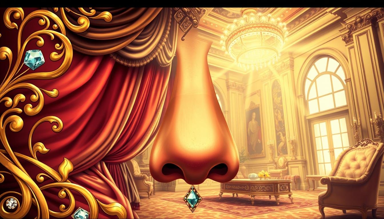 A detailed illustration of the relationship between the nose shape and wealth, captured in a rich, ornate setting. In the foreground, a refined, angular nose takes center stage, surrounded by elegant golden motifs, intricate filigree, and shimmering jewels. The middle ground features a lush, opulent backdrop of cascading drapery, ornate furniture, and a radiant light source casting a warm, inviting glow. In the background, a high-ceilinged chamber with grand architectural elements, evoking a sense of grandeur and prosperity. The overall scene conveys a sense of luxurious sophistication, highlighting the perceived connection between the nose's distinct features and the subject's financial success.