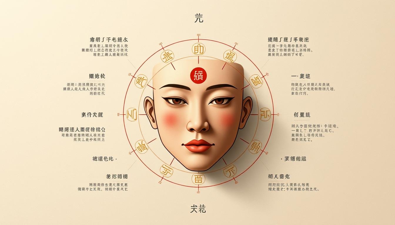 A detailed illustration of the "三停十二宮位" concept in Chinese physiognomy. A centered, high-resolution image showcasing a stylized diagram of the twelve facial regions and their corresponding astrological associations. Rendered in a muted, earthy color palette with subtle golden accents, conveying a sense of ancient wisdom and contemplation. The layout is clean and balanced, allowing the key elements to be clearly visible. Soft, directional lighting casts gentle shadows, adding depth and dimensionality to the design. An image that visually encapsulates the core principles of this traditional Chinese art of face reading. A detailed illustration of the "三停十二宮位" concept in Chinese physiognomy. A centered, high-resolution image showcasing a stylized diagram of the twelve facial regions and their corresponding astrological associations. Rendered in a muted, earthy color palette with subtle golden accents, conveying a sense of ancient wisdom and contemplation. The layout is clean and balanced, allowing the key elements to be clearly visible. Soft, directional lighting casts gentle shadows, adding depth and dimensionality to the design. An image that visually encapsulates the core principles of this traditional Chinese art of face reading.