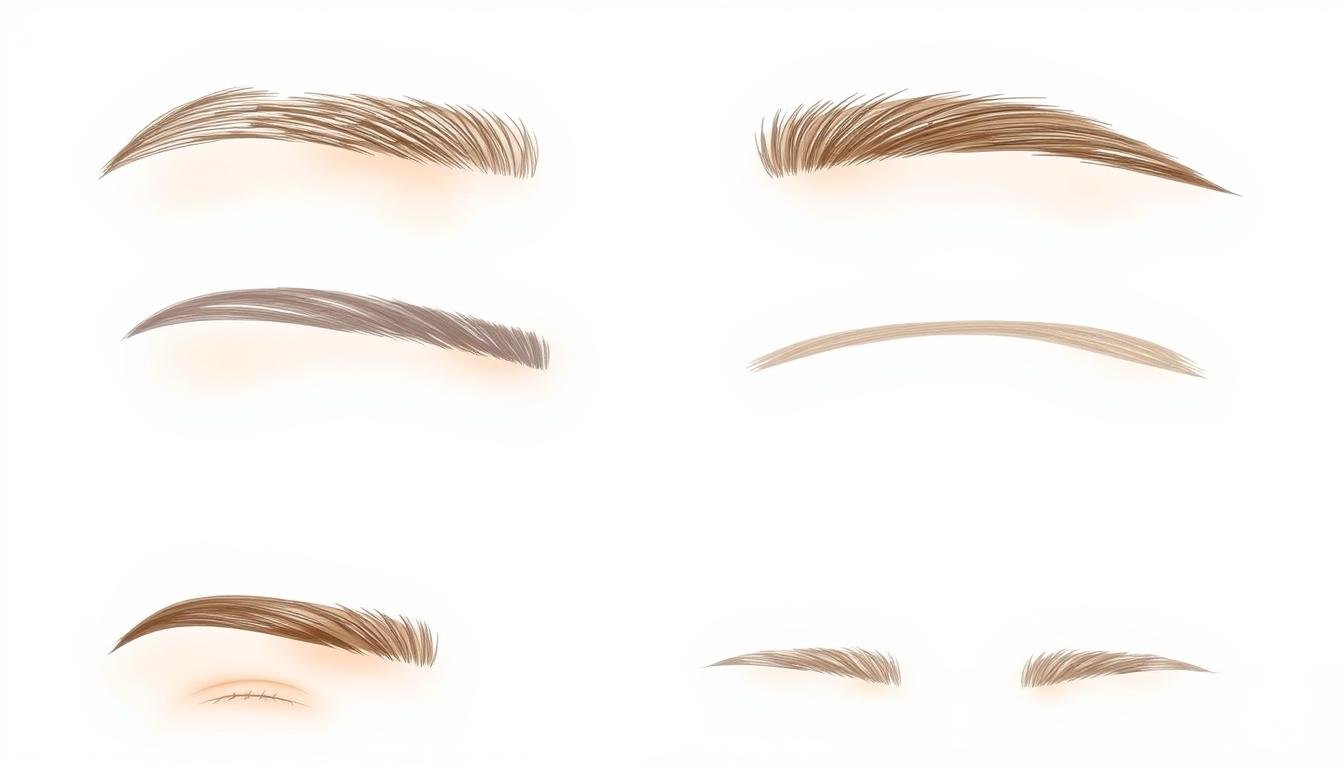 A detailed illustration of various eyebrow shapes against a neutral, soft-focus background. The eyebrows are rendered with precise, realistic detail, capturing their unique textures and subtle gradients. The lighting is gentle and diffuse, creating a harmonious, contemplative atmosphere. The composition places the eyebrow shapes as the central focus, allowing the viewer to closely examine and compare their distinct features. The overall tone is thoughtful and introspective, befitting the subject of facial analysis and its relationship to personality and fate.