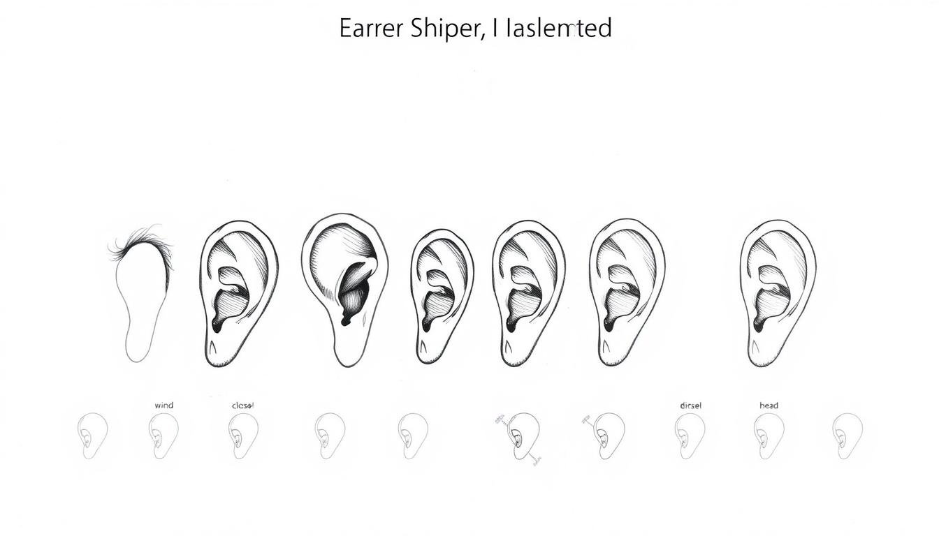 A detailed illustration showcasing a comprehensive chart of common ear shapes and their associated symbolic meanings in physiognomy. The foreground depicts a carefully drawn series of ear profiles, ranging from the distinctive "wind-swept" ear to the more reserved "close-to-head" ear, each meticulously rendered with precise lines and shading. The middle ground provides a neutral, clean background, allowing the ear shapes to be the central focus. The lighting is soft and diffused, creating a sense of clarity and emphasis on the intricate details. The overall mood is one of scholarly study and contemplation, inviting the viewer to closely examine the nuances of these symbolic ear archetypes and their purported connections to personality and destiny.