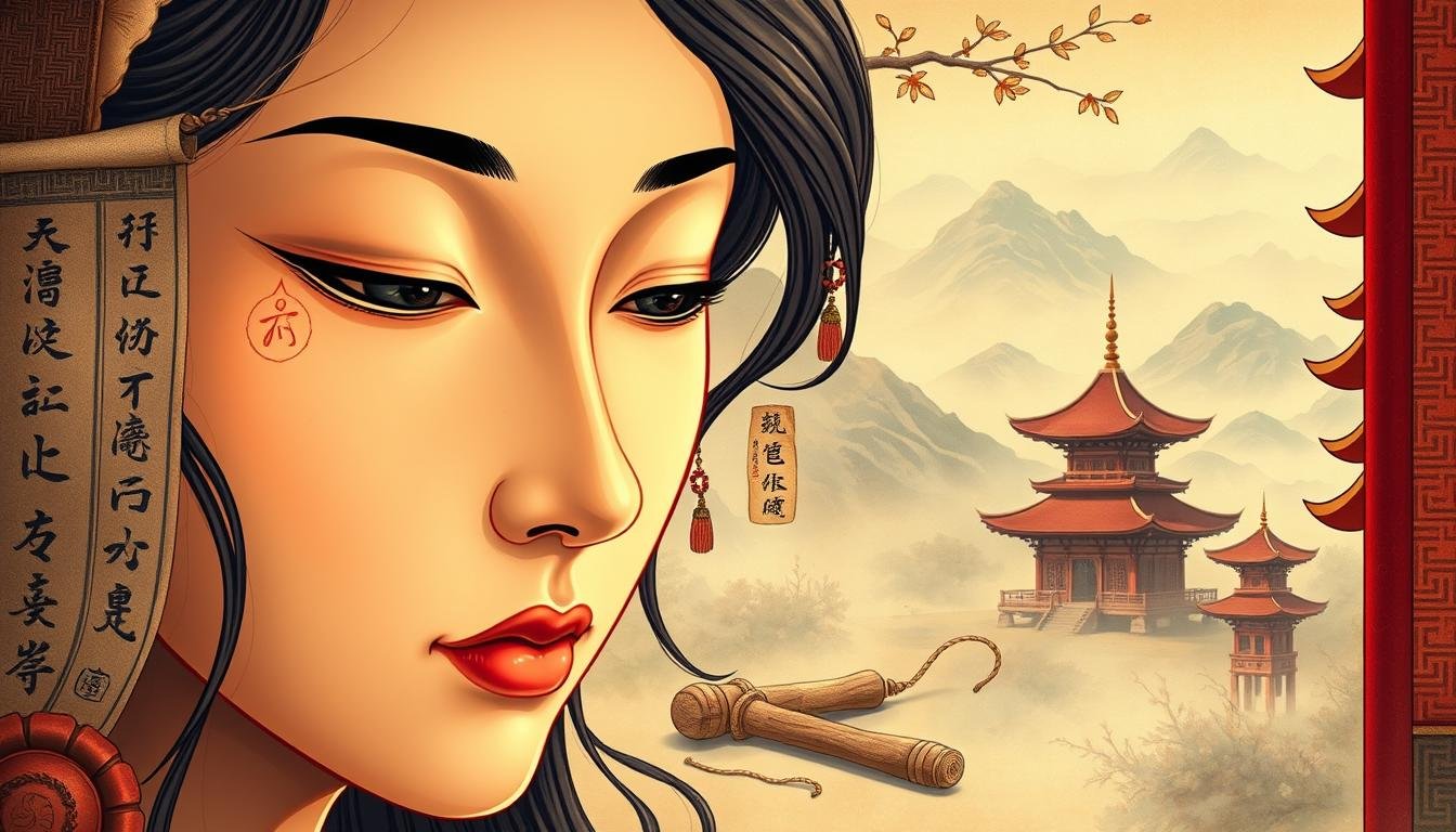 A detailed illustration showcasing the intersection of traditional physiognomy and modern interpretation. In the foreground, a close-up of a serene face with delicate features, subtly illuminated. The middle ground features ancient scrolls, calligraphic symbols, and antique tools of the trade, hinting at the rich history of this practice. In the background, a misty, dreamlike landscape with pagodas and mountains, suggesting the mystical and esoteric nature of this art. The overall atmosphere is one of contemplation, wisdom, and the timeless pursuit of understanding the self through the study of the face. Rendered with a warm, saturated color palette and a sense of timeless elegance.