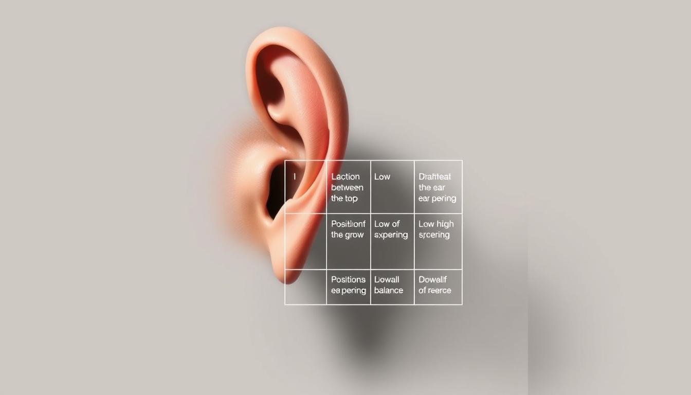 A detailed illustration showcasing the key indicators for determining high and low ear positions in traditional Chinese physiognomy. Prominently featured in the foreground, a pair of realistic human ears in profile, with the lobe, conch, and helix clearly visible. The middle ground presents a grid-like overlay highlighting the criteria for evaluating ear height, such as the relationship between the top of the ear and the brow, the position of the ear opening, and the overall balance of the ear structure. The background is a muted, minimalist setting, allowing the focal elements to stand out. Soft, directional lighting casts subtle shadows, enhancing the three-dimensional form of the ears. The overall mood is one of clinical precision and scholarly investigation, aligning with the subject matter.