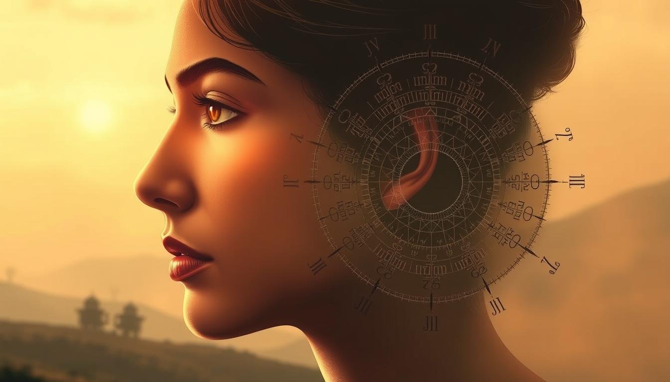 A detailed, intricate illustration of the symbolic "Indian Mark" face reading analysis. In the foreground, a serene, contemplative face in profile, its features subtly emphasized by soft, warm lighting from the left. The middle ground showcases the distinctive markings and lines of the Indian physiognomy, each one infused with meaning and significance. In the background, a hazy, dreamlike landscape with muted tones, evoking the mystical, esoteric nature of this ancient art of divination. The overall mood is one of thoughtful introspection and spiritual enlightenment, inviting the viewer to delve deeper into the hidden wisdom of this time-honored tradition.