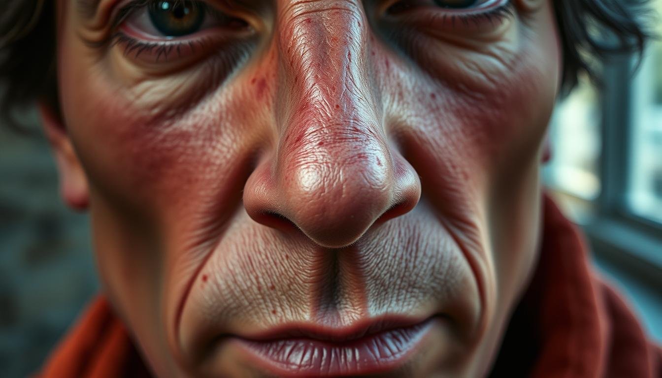 A detailed, intricately rendered close-up portrait showcasing the facial features and structures associated with face reading and physiognomy. The subject's nose is prominently displayed, with natural lighting highlighting its unique shape, size, and characteristics. The skin texture, pores, and contours are captured with exceptional clarity, allowing for a meticulous analysis of the subject's facial features. The background is subtly blurred, placing the emphasis squarely on the face and its distinctive elements. The overall mood is one of thoughtful contemplation and scholarly examination, inviting the viewer to engage in the ancient art of face reading.