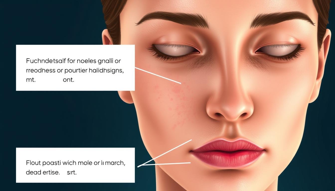 A detailed medical illustration of a human face, highlighting the locations of specific moles or birthmarks that may indicate potential health concerns. The image should convey a sense of cautionary medical examination, with the skin and facial features rendered in a realistic, high-resolution style using natural lighting and subtle color tones. The focus should be on the marked areas, presented in a clear and informative manner, without any distracting elements or text overlays. The overall mood should evoke a sense of thoughtful introspection and the importance of self-awareness regarding one's personal health.