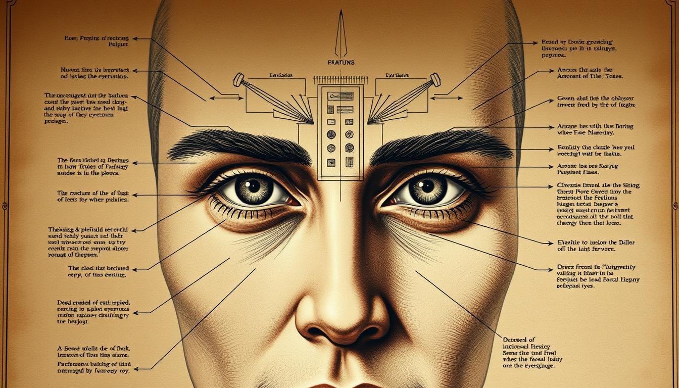 A detailed, meticulously crafted diagram depicting the intricate art of facial analysis through the interpretation of eyebrow and eye features. Rendered in a realistic, scientific style with precise anatomical details, the illustration showcases the subtle nuances and relationships between these key facial elements. Soft, warm lighting illuminates the subject, creating depth and clarity, while a muted, earthy color palette evokes a sense of timeless wisdom and traditional practice. The composition is centered and balanced, drawing the viewer's eye to the core components of this ancient physiognomic study.
