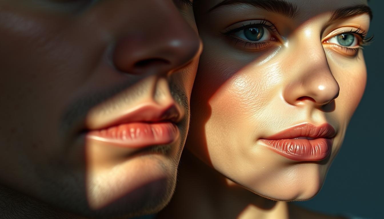 A detailed, meticulously crafted portrait study of the subtle differences between masculine and feminine facial features, specifically focusing on the lips. Soft, natural lighting illuminates the subjects' faces from the side, casting dramatic shadows that accentuate the contours of their mouths. The composition is balanced, with the male and female subjects positioned equidistant from the center, allowing for a direct comparative analysis. Realistic skin textures, pores, and fine facial details are rendered with precision, inviting the viewer to examine the nuanced disparities in lip shape, volume, and expression between the genders. An atmosphere of clinical detachment pervades, underscoring the analytical nature of this visual exploration of physiognomic differences. A detailed, meticulously crafted portrait study of the subtle differences between masculine and feminine facial features, specifically focusing on the lips. Soft, natural lighting illuminates the subjects' faces from the side, casting dramatic shadows that accentuate the contours of their mouths. The composition is balanced, with the male and female subjects positioned equidistant from the center, allowing for a direct comparative analysis. Realistic skin textures, pores, and fine facial details are rendered with precision, inviting the viewer to examine the nuanced disparities in lip shape, volume, and expression between the genders. An atmosphere of clinical detachment pervades, underscoring the analytical nature of this visual exploration of physiognomic differences.