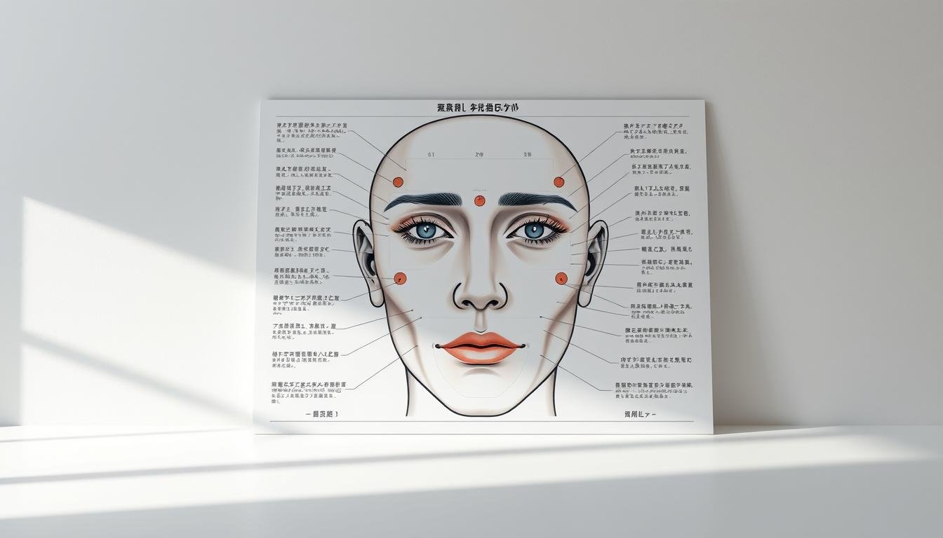 A detailed modern face analysis chart displayed on a clean, minimalist background. The chart shows various facial features and moles, with explanatory labels and annotations in a sophisticated, academic style. The lighting is soft and diffused, highlighting the precision and clarity of the information presented. The overall mood is one of insightful, objective analysis, inviting the viewer to explore the nuances of physiognomy. The composition is balanced and visually appealing, creating an informative and visually engaging illustration for the article section "現代視角下的痣相解讀". A detailed modern face analysis chart displayed on a clean, minimalist background. The chart shows various facial features and moles, with explanatory labels and annotations in a sophisticated, academic style. The lighting is soft and diffused, highlighting the precision and clarity of the information presented. The overall mood is one of insightful, objective analysis, inviting the viewer to explore the nuances of physiognomy. The composition is balanced and visually appealing, creating an informative and visually engaging illustration for the article section "現代視角下的痣相解讀".