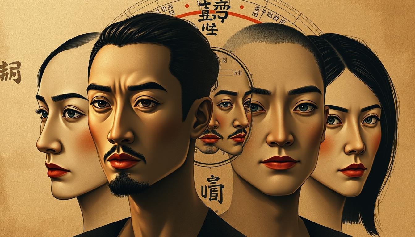 A detailed, multi-layered illustration of the four key facial features and their associated personality traits in Chinese face reading. In the foreground, four distinct faces showcasing the characteristic expressions, proportions, and structures that define the four main face types. The middle ground depicts a stylized, minimalist facial diagram highlighting the key anatomical regions. The background features an abstract, textural pattern reminiscent of traditional Chinese ink paintings, evoking the mystical and introspective nature of this ancient physiognomic art. Lighting is dramatic and moody, with a warm, earthy palette to convey the gravity and depth of the subject matter. The overall composition is balanced and harmonious, inviting the viewer to study and interpret the nuances of these four fundamental face shapes and their associated personality insights.