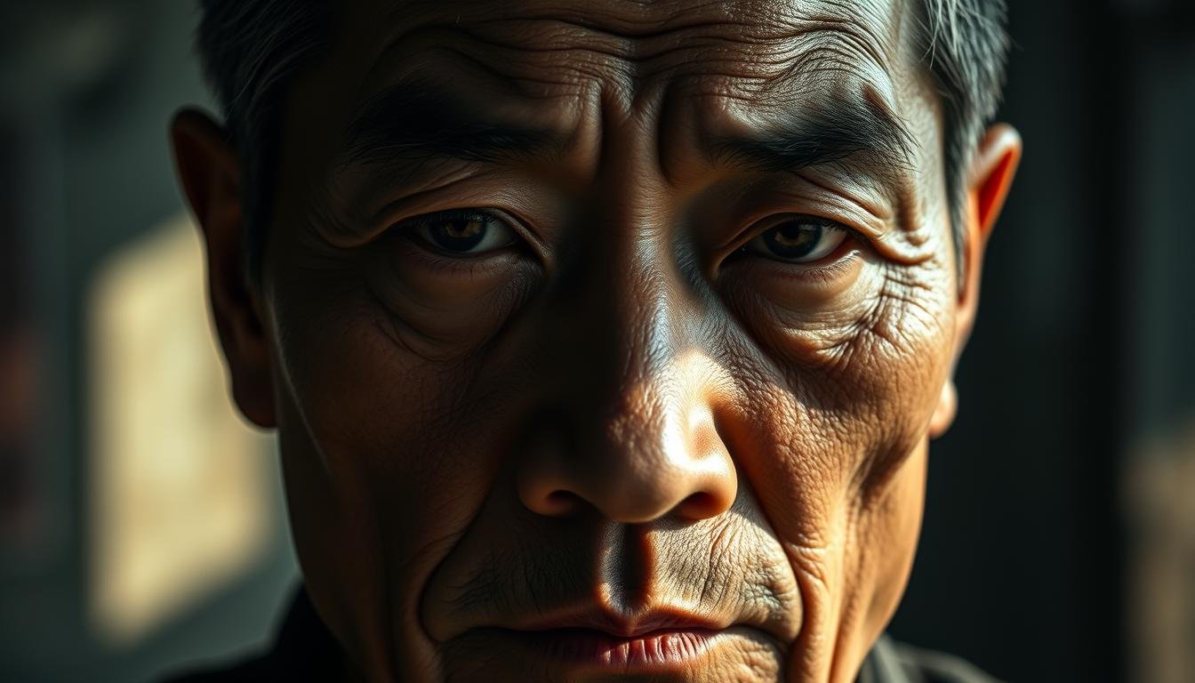 A detailed, pensive close-up of a Chinese man's weathered, angular face, showcasing the distinct features of a "national face" - strong jawline, high cheekbones, and penetrating eyes that seem to gaze directly into the viewer's soul. The lighting is dramatic, casting deep shadows that accentuate the face's planes and contours. The background is intentionally blurred, keeping the focus solely on the captivating visage and its profound, inscrutable expression that hints at the complexities of human nature and destiny. Rendered with a sense of quiet contemplation and artistic refinement, this portrait embodies the essence of the "national face" and its deeper implications explored in the article.