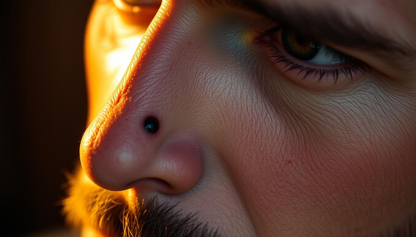 A detailed, photorealistic depiction of a male face, focused on the nose area, showcasing a distinct mole or birthmark. The lighting should be warm and natural, emphasizing the contours and texture of the skin. The overall composition should convey a sense of thoughtfulness and introspection, suggesting the connection between facial features and personal fortune. The background should be subtly blurred, allowing the facial details to take center stage and draw the viewer's attention to the significance of this specific facial characteristic.
