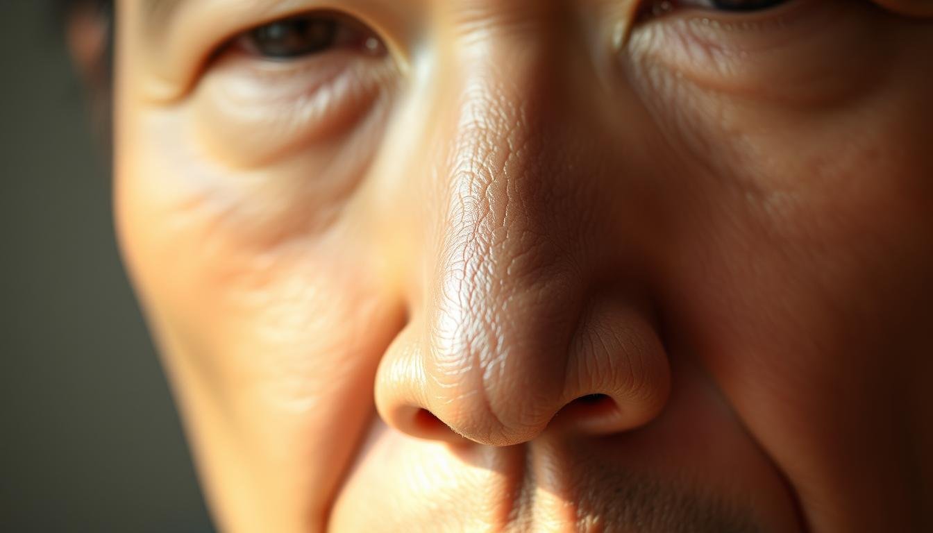 A detailed portrait of a Chinese man's nose, capturing its distinct shape and contours. The nose is the central focus, rendered with intricate details and subtle highlights, conveying a sense of depth and dimension. The background is softly blurred, allowing the nose to stand out prominently, symbolizing its significance in Chinese face reading and fortune-telling. The lighting is soft and natural, creating a serene and contemplative atmosphere. The overall composition and attention to detail suggest a deep understanding of the subject matter and its cultural significance.