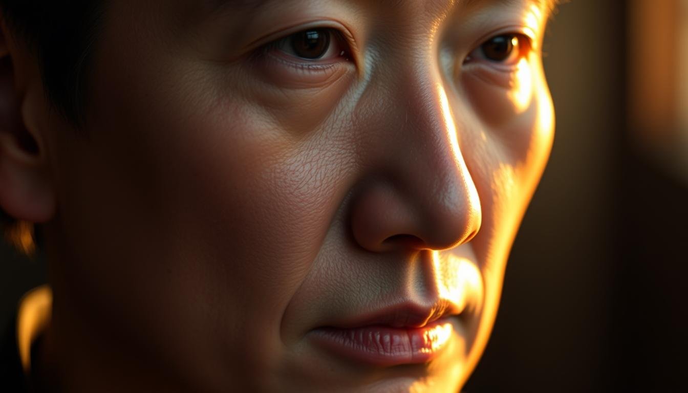 A detailed portrait of a distinctive nose shape, known as the "鼻形 聚財型鼻子" or "Wealth-Gathering Nose" in Chinese physiognomy. The nose is prominently featured, with a pronounced bridge and flared nostrils, conveying a sense of power and prosperity. The subject is illuminated by soft, warm lighting, accentuating the sculptural qualities of the nose. The background is subtly blurred, keeping the focus on the central feature. The overall mood is one of contemplation and introspection, inviting the viewer to examine this unique facial characteristic and its associated meanings within the broader context of Chinese face reading traditions.