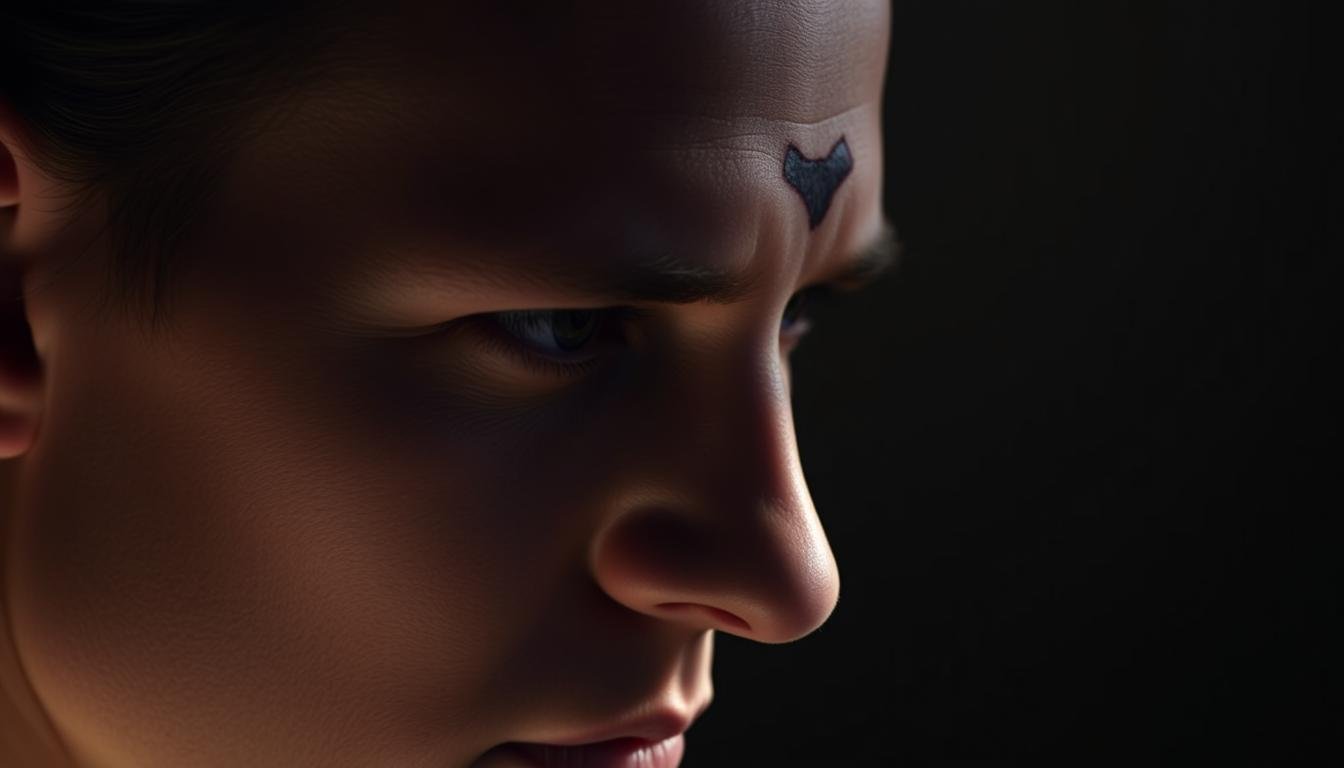 A detailed portrait of a human face with a prominent forehead, featuring a distinctive marking or birthmark. The subject is illuminated by soft, diffused lighting from the side, casting subtle shadows and highlights that accentuate the facial features and the unique mark on the forehead. The background is slightly blurred, keeping the focus on the face and the intriguing birthmark. The overall mood is one of introspection and mystery, inviting the viewer to ponder the potential significance or meaning of this unique facial characteristic. A detailed portrait of a human face with a prominent forehead, featuring a distinctive marking or birthmark. The subject is illuminated by soft, diffused lighting from the side, casting subtle shadows and highlights that accentuate the facial features and the unique mark on the forehead. The background is slightly blurred, keeping the focus on the face and the intriguing birthmark. The overall mood is one of introspection and mystery, inviting the viewer to ponder the potential significance or meaning of this unique facial characteristic.