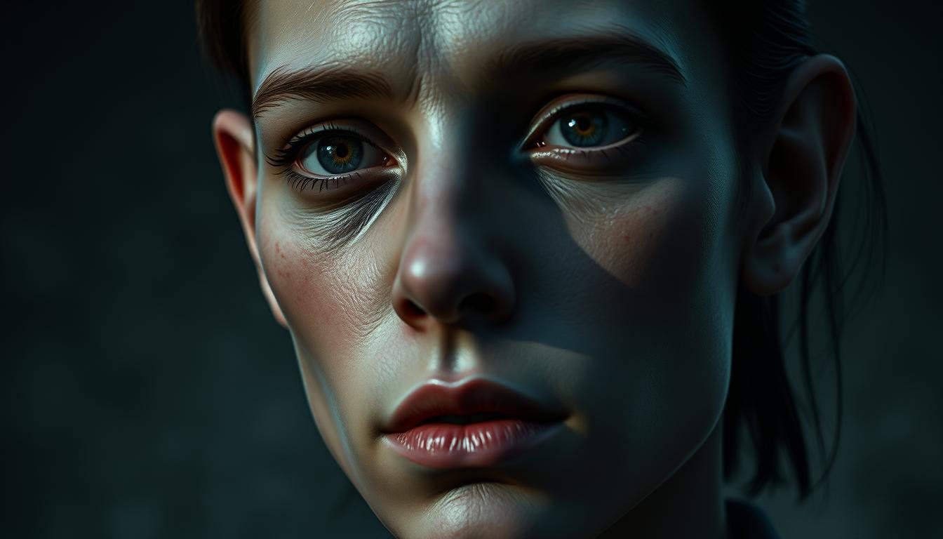 A detailed portrait of a human head, with a distinct asymmetry in the ear placement. The left ear is slightly higher than the right, creating an intriguing and unbalanced appearance. The face is rendered in a realistic, hyper-detailed style, with delicate facial features, expressive eyes, and subtle skin textures. Dramatic lighting casts dramatic shadows, accentuating the planes of the face and the unusual ear alignment. The background is subtly out of focus, keeping the attention solely on the subject's distinctive physiognomy. An eerie, contemplative mood pervades the scene, hinting at the complex relationship between physical attributes and inner personality.