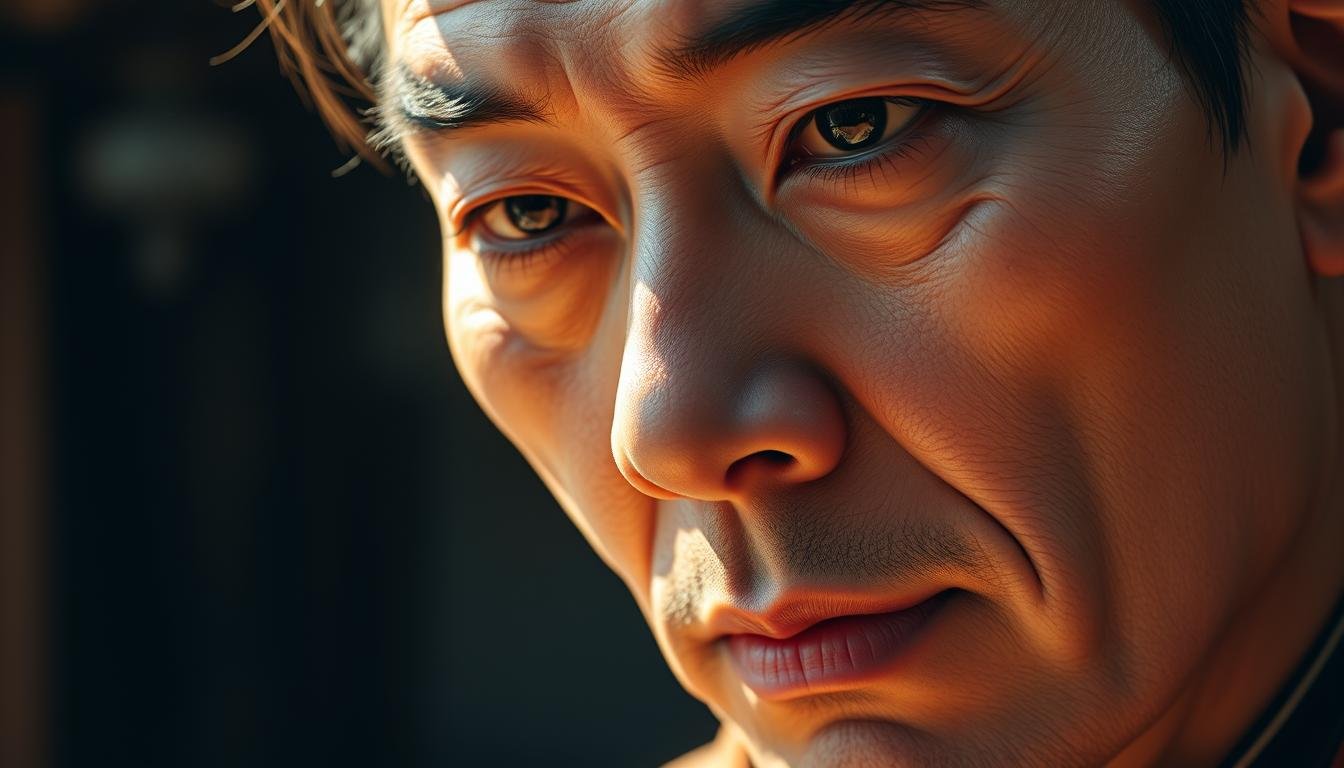 A detailed portrait of a man's face in a classical Chinese art style, with a focus on the nose and its features. The subject's nose is prominently displayed, with distinct angles, shapes, and textures that reveal his personality and character. The face is illuminated by warm, natural lighting, creating a sense of depth and dimension. The background is slightly blurred, allowing the viewer to concentrate on the intricate details of the nose and its connection to the man's overall facial structure and expression. The overall mood is one of contemplation and analysis, reflecting the section title "特征三：鼻子形態觀責任".