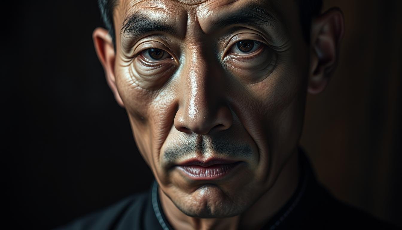 A detailed portrait of a person with a pronounced hawk-like nose, capturing the essence of traditional Chinese physiognomy. The subject's features are sharply defined, with a strong jawline and prominent brow ridges. The lighting is dramatic, casting deep shadows that accentuate the contours of the face. The background is subtly blurred, keeping the focus on the intricate facial structure and expression. The overall mood is one of wisdom, intensity, and a deep understanding of the complexities of human nature, as if the subject possesses a heightened insight into the world.